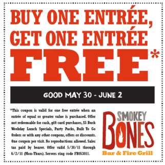 Smokey Bones: BOGO FREE Entree Printable Coupon - Hunt4Freebies