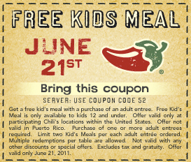 Chili’s: FREE Kids Meal with Entree Purchase Coupon on June 21 ...