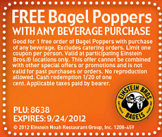 Einstein Bros: FREE Bagel Poppers with Beverage Purchase Coupon ...